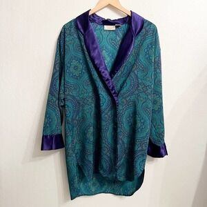 Vintage Victoria's Secret Gold Green Purple Paisley Robe Shirt Top Button Medium